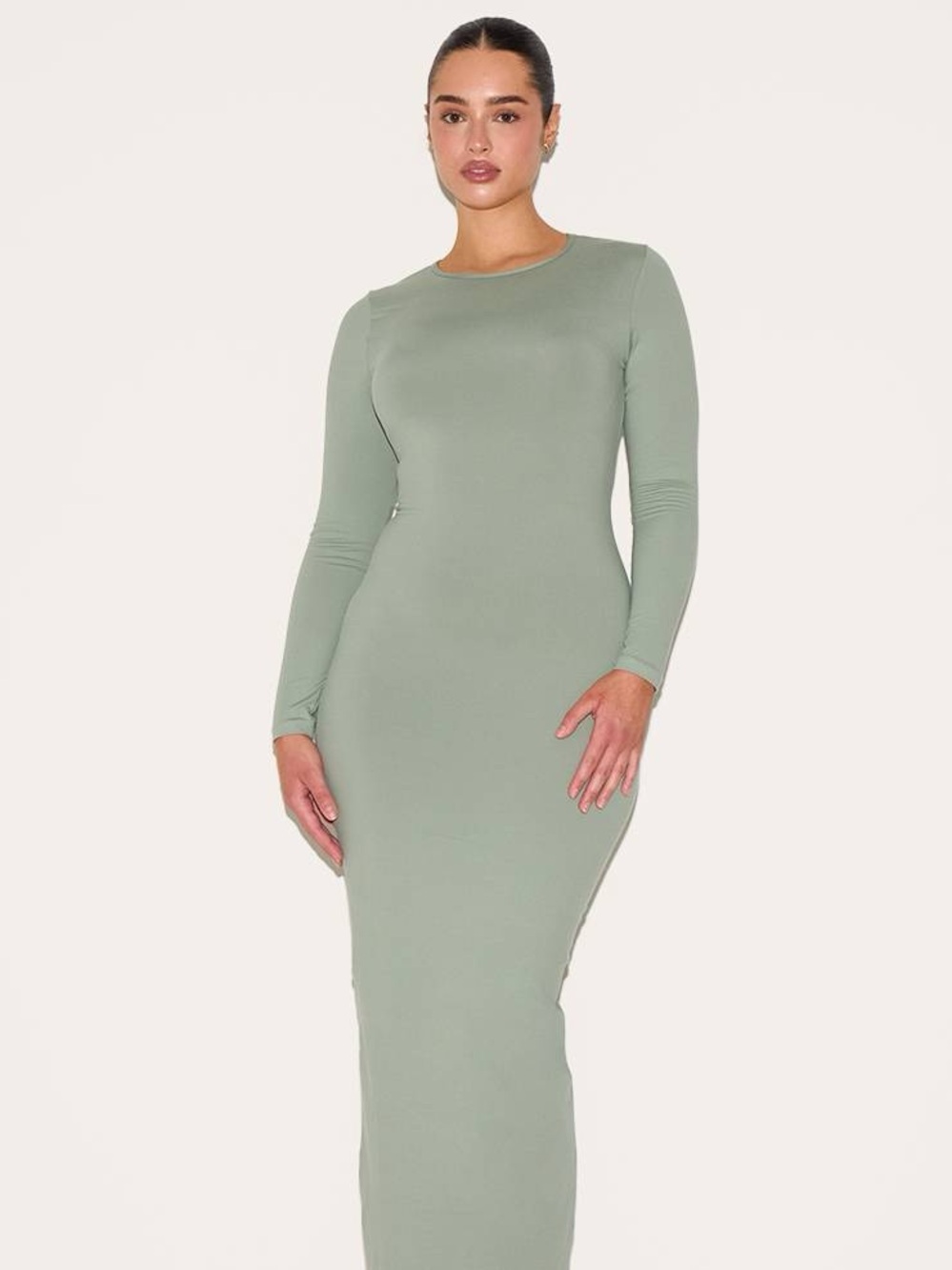 PRETTY LITTLE THING SHAPE SAGE GREEN SCULPTED LONG SLEEVE MAXI DRESS